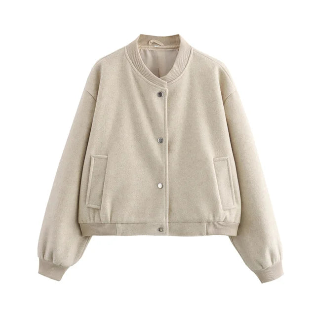 TRAF Women Jacket Cropped Bomber Jackets For Women Beige Black Tweed Jacket Woman Fashion Long Sleeve New In Short Coats