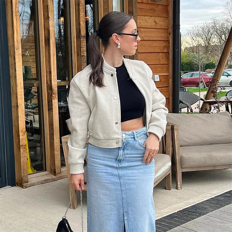 TRAF  Women Jacket Cropped Bomber Jackets For Women Beige Black Tweed Jacket Woman Fashion Long Sleeve New In Short Coats